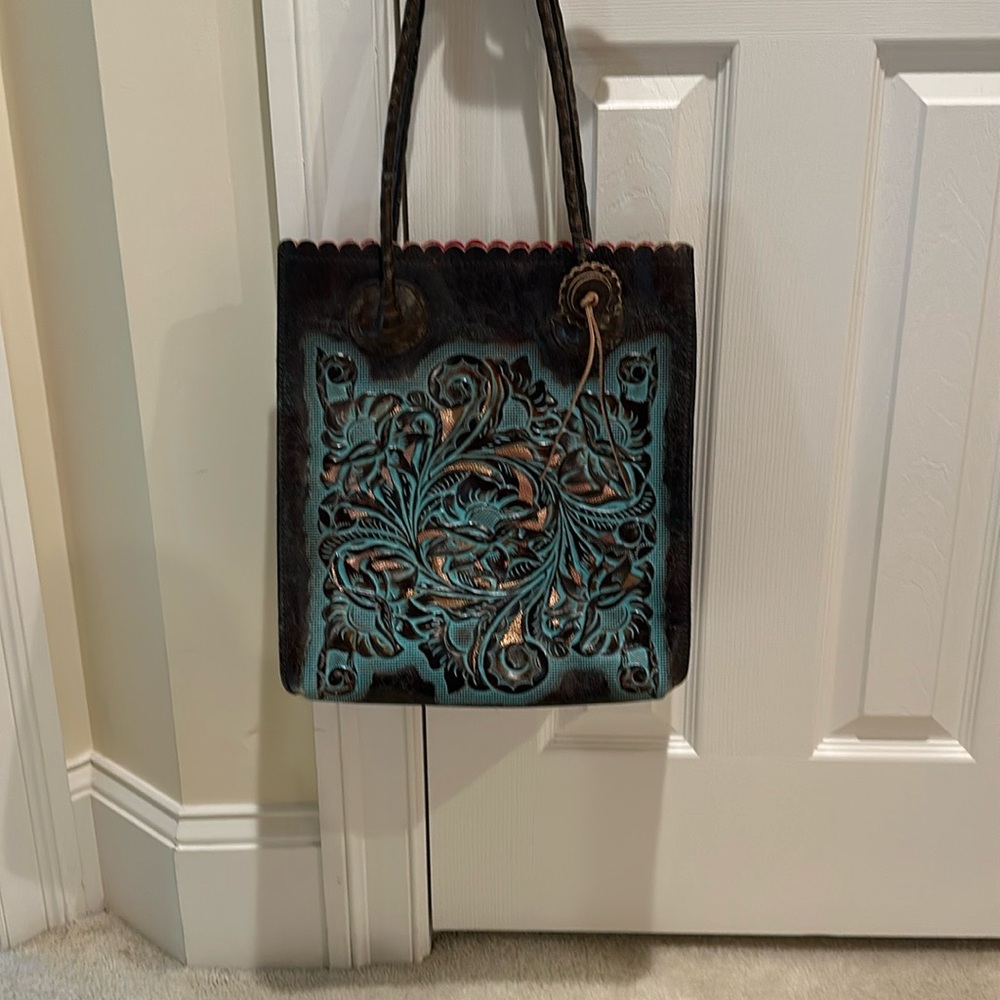 Patricia Nash Brown and Turquoise Tooled Floral Tote